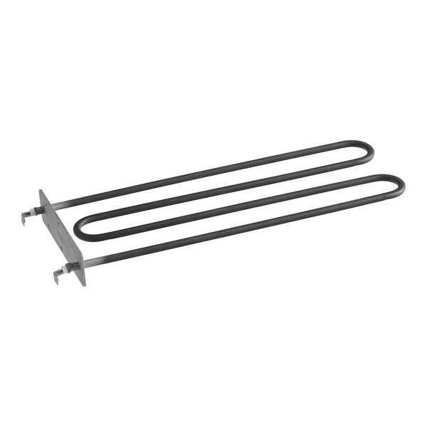 A metal heating element with a flat mounting plate and two elongated, looped rods.