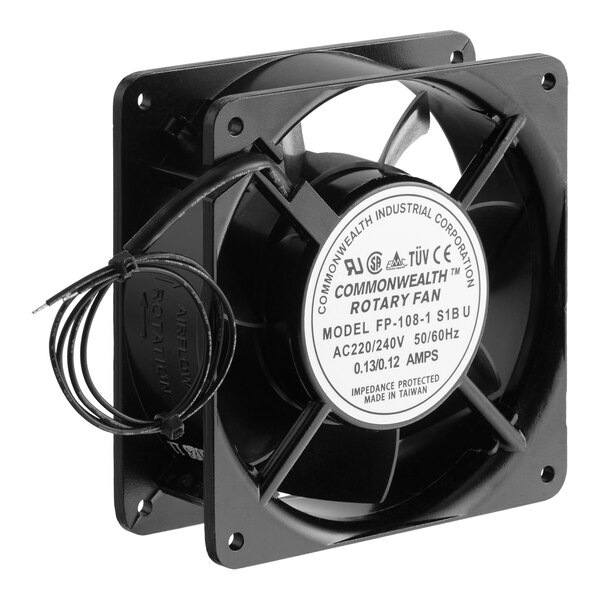 A black square cooling fan with a central label displaying specifications and attached power wires.