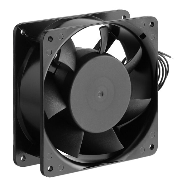 A black square cooling fan with multiple blades and a wire extending from the back.