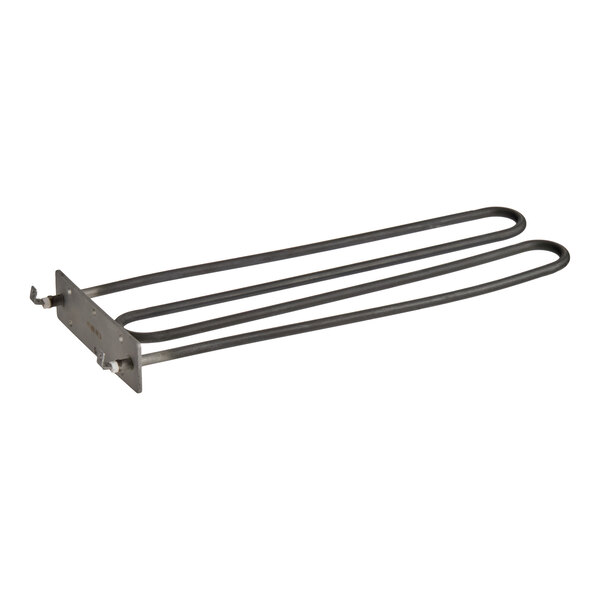 A metal heating element with a rectangular mounting plate and two looped rods extending outward.