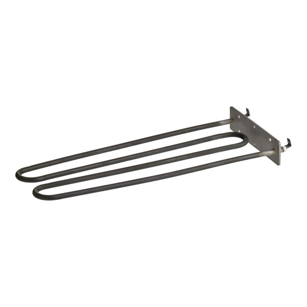 A metal heating element with a rectangular mounting plate and two looped rods extending outward.
