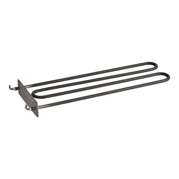 A metal heating element with a flat mounting plate and two elongated, looped rods.