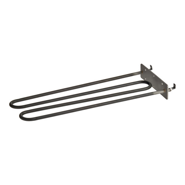 A metal heating element with a flat mounting plate and two elongated, looped rods.