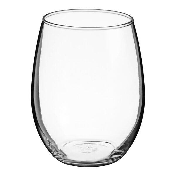 A clear, stemless wine glass with a rounded shape and a 21 oz. capacity.