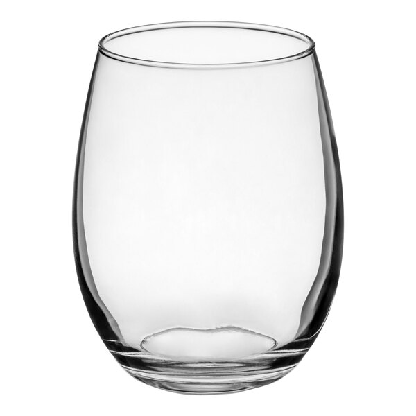 A clear, stemless wine glass with a 17 oz. capacity.