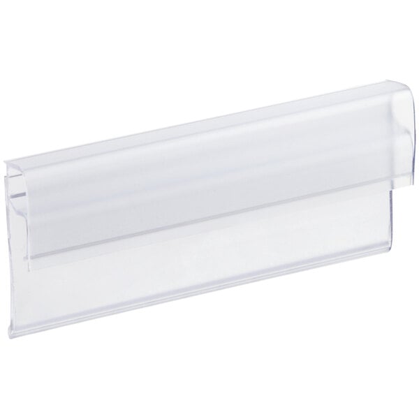 A clear clip-on label holder designed for wire basket shelving.