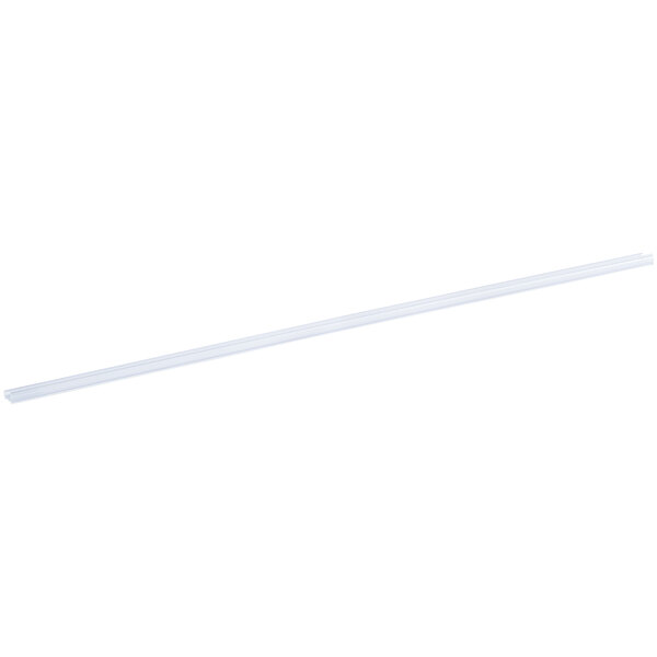 A clear plastic label holder designed for wire shelving, measuring 43 inches by 1 1/4 inches.