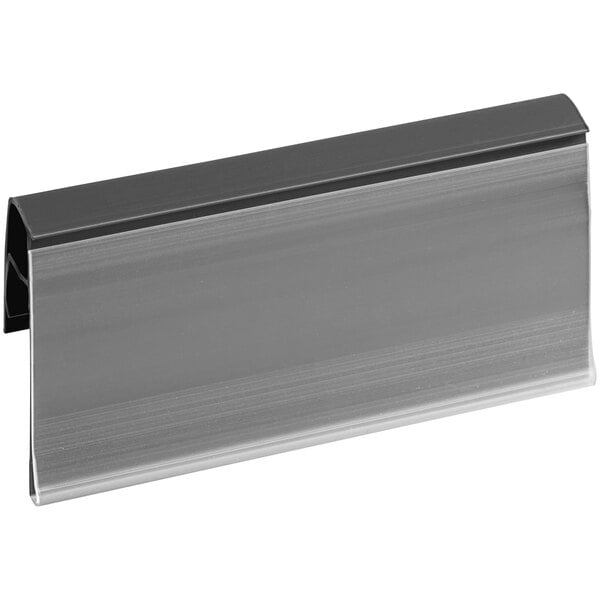 A gray clip-on label holder designed for wire basket shelving.