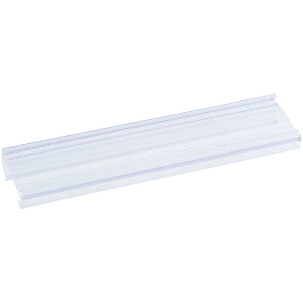 A clear plastic label holder designed for wire shelving, measuring 6 inches by 1 1/4 inches.