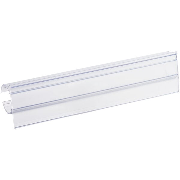 A clear vertical clip-on label holder designed for shelf posts.