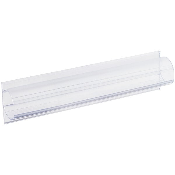 A clear vertical clip-on label holder for shelf posts.