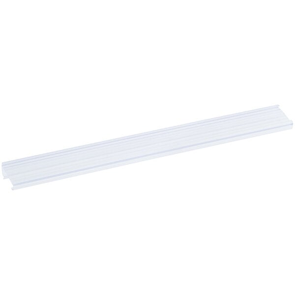 A clear plastic label holder designed for wire shelving, measuring 13 inches by 1 1/4 inches.