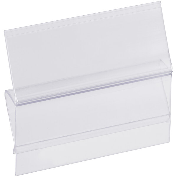 A clear plastic clip-on label holder designed for bins.
