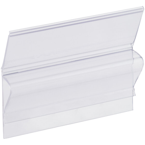 A clear plastic clip-on label holder designed for bins.