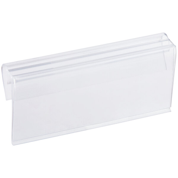 A clear plastic clip-on label holder designed for shelving with mats.