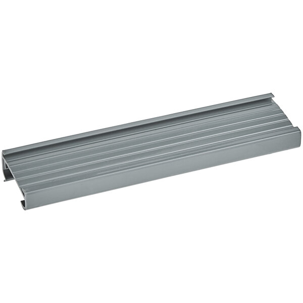 A gray label holder designed for wire shelving, measuring 6 inches by 1 1/4 inches.