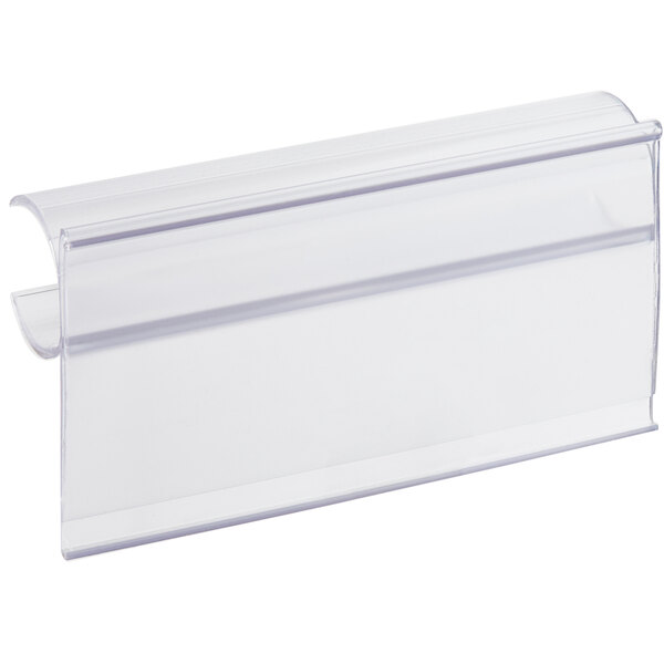 A clear vertical clip-on label holder designed for shelf posts.