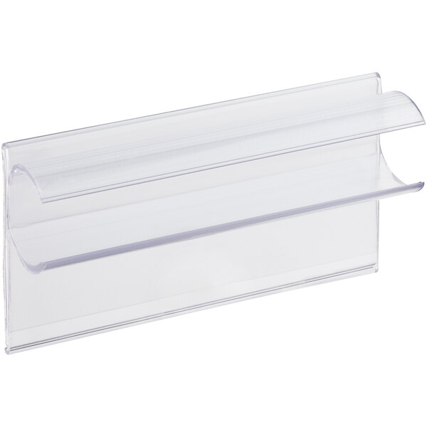 A clear vertical clip-on label holder designed for shelf posts.