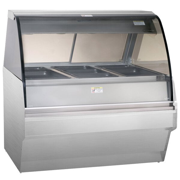 A stainless steel heated display case with a curved glass top and base.