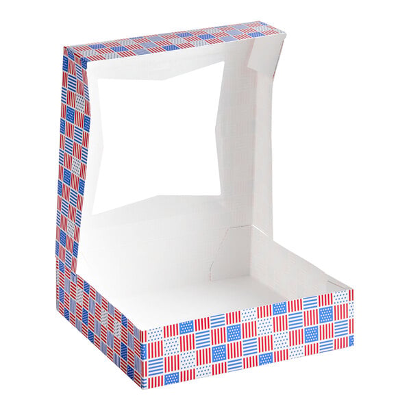 A square bakery box with a patriotic USA flag print and a clear window on the lid.
