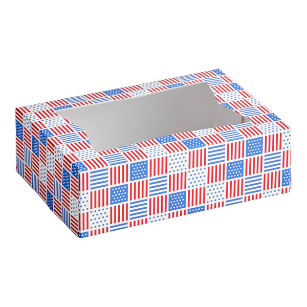 A rectangular bakery box with a clear window and a red, white, and blue patriotic USA print design.