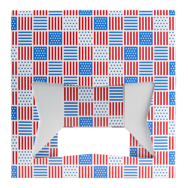 A rectangular bakery box with a patriotic red, white, and blue USA-themed print and a window on the front.