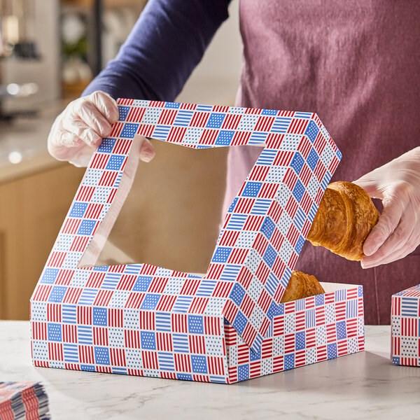 A patriotic USA print bakery box with a clear window, designed for packaging pies or baked goods.