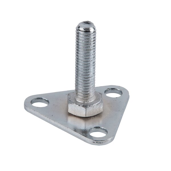 A silver stainless steel foot plate with a nut attached.
