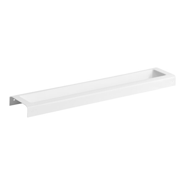 A long, rectangular, white tray-like object with raised edges and mounting holes on each end.