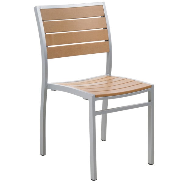 BFM Seating Largo Outdoor / Indoor Stackable Synthetic Teak Silver Side Chair