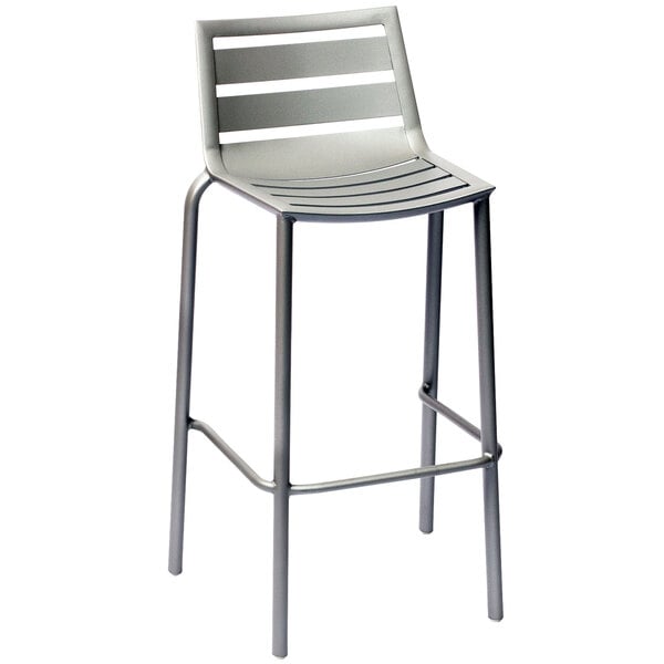 A gray BFM Seating South Beach outdoor restaurant bar stool with a metal frame and a backrest.