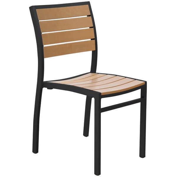 A BFM Seating Largo synthetic teak side chair with a black frame.