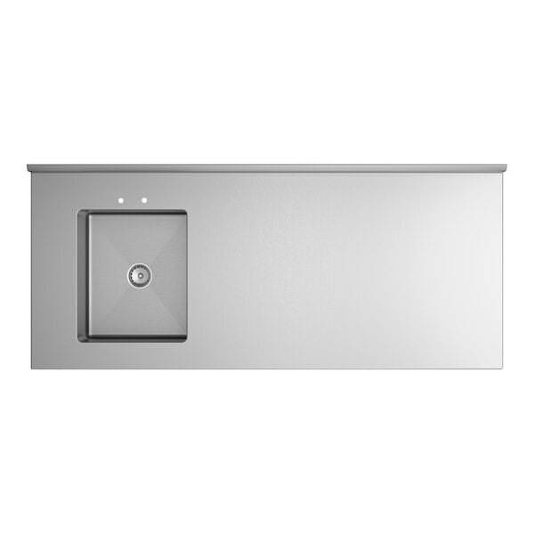 A stainless steel work table with a left-side sink and cross bracing.