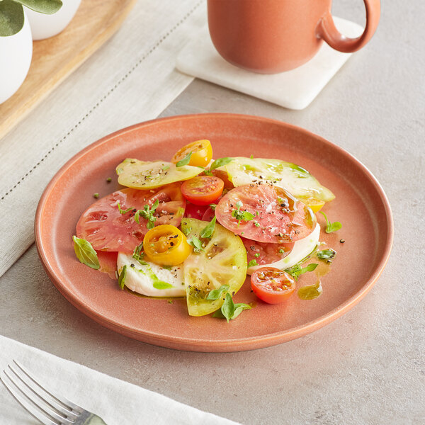 A terra cotta-colored plate holds a fresh salad with sliced tomatoes, mozzarella, herbs, and a drizzle of olive oil.