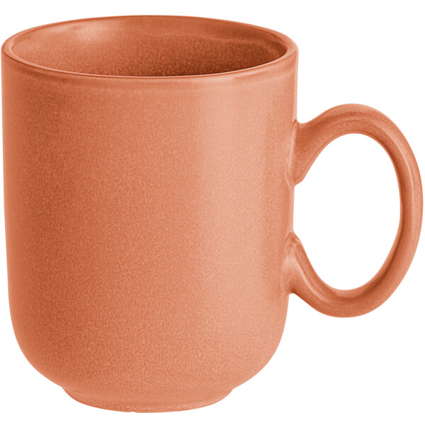 A matte terra cotta-colored mug with a rounded handle and smooth finish.