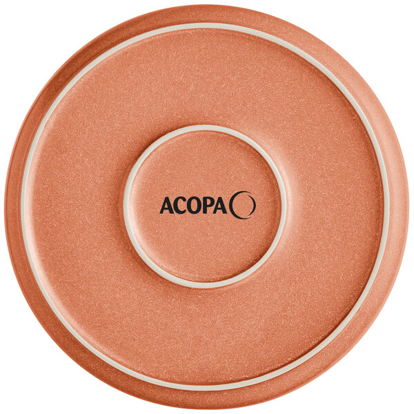 A round, terra cotta-colored plate with a matte finish and the word 'ACOPA' printed in the center.
