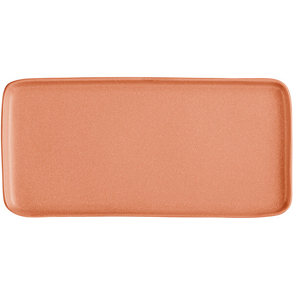 A rectangular, matte, terra cotta-colored platter with rounded edges.