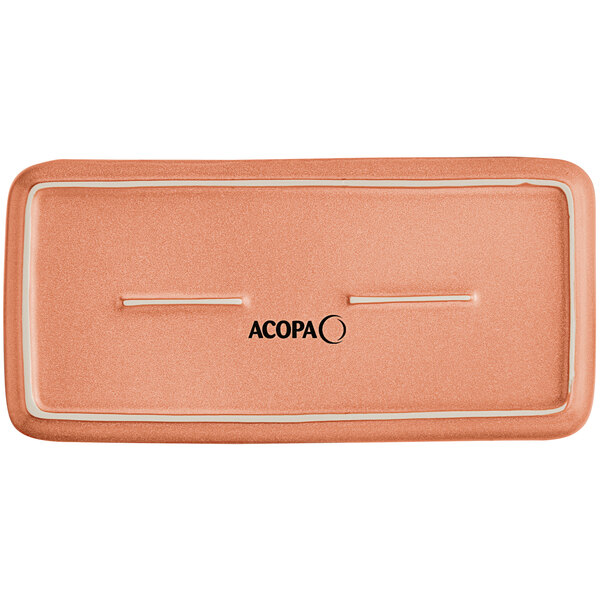A rectangular, terra cotta-colored platter with a matte finish and the word 'ACOPA' printed in the center.
