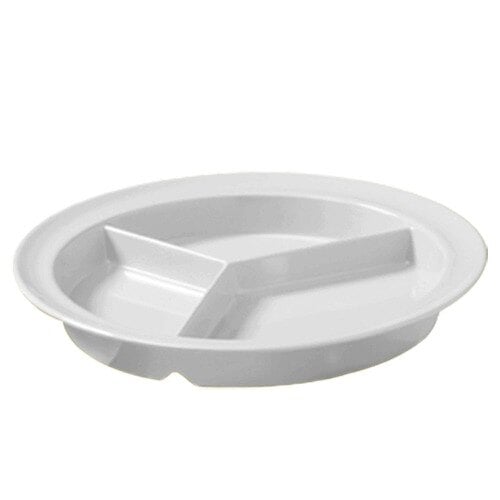 A white plate with three compartments.