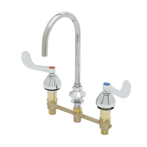 T&S B-2866-05FC Easy Install 1.4 GPM Deck Mount Faucet with 8" Centers, 5 11/16" Gooseneck, Plain End Outlet, 4" Wrist Action Handles, and Eterna Cartridges