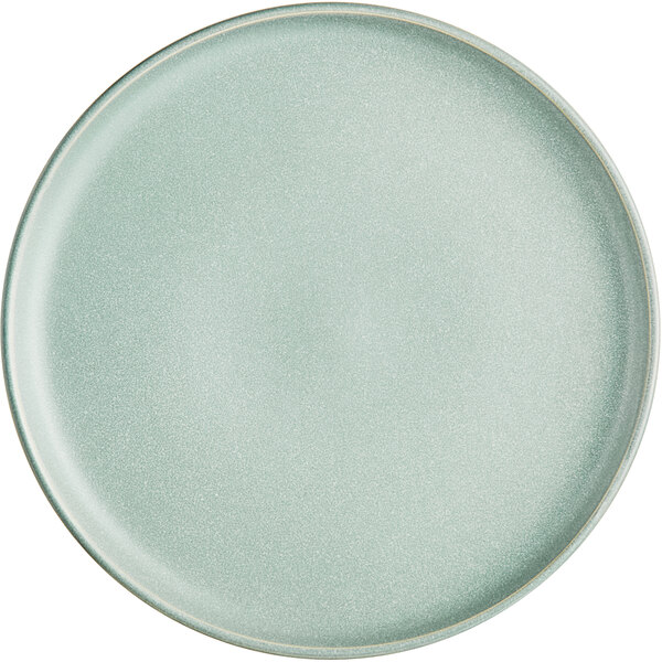 A round, matte, light blue plate with a smooth surface and a slightly raised rim.