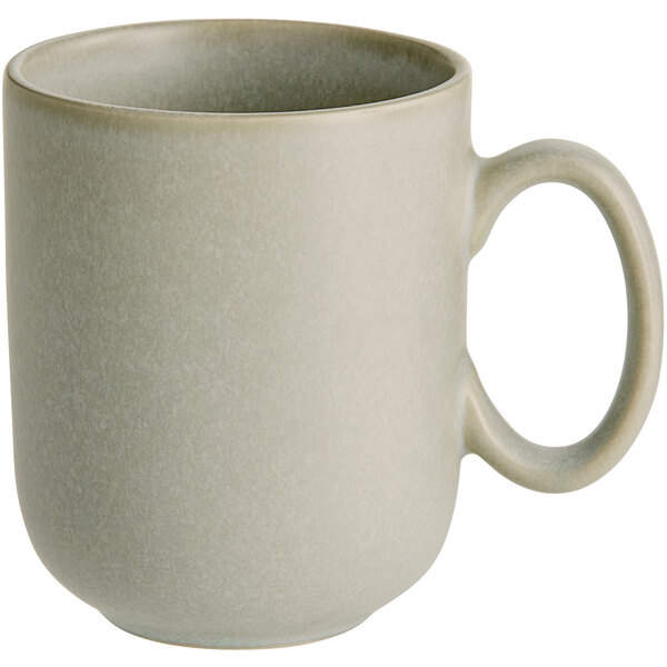 A plain, ash gray mug with a matte finish and a large handle.