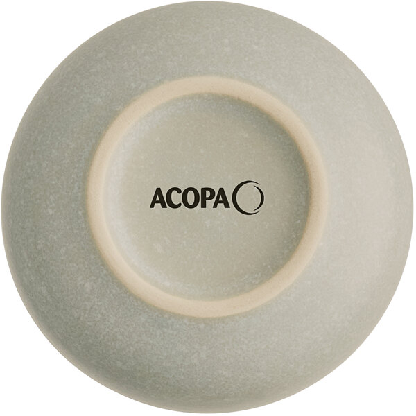 The image shows the bottom view of a round, ash gray dish with a matte finish and the word 'ACOPA' printed on the base.