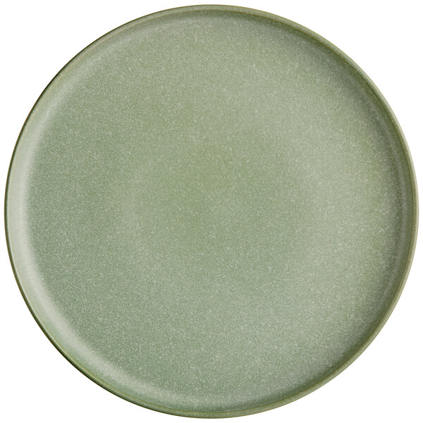 A round, sage green matte plate with a smooth, slightly raised rim.