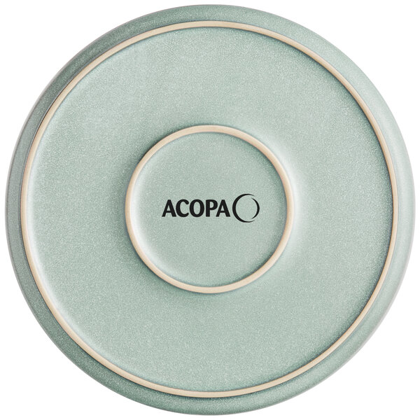 A round, matte blue plate with a slightly raised rim and the word 'ACOPA' printed in the center.