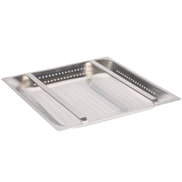 A stainless steel tray with holes.