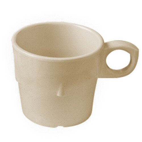 A beige GET SuperMel conic mug with a handle.