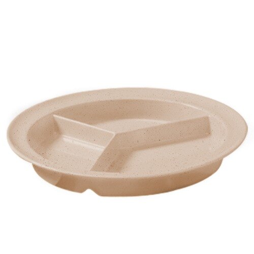 A sandstone melamine plate with three compartments.