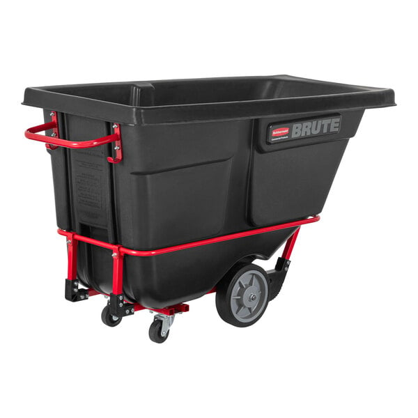A black Rubbermaid tilt truck with a red interior.