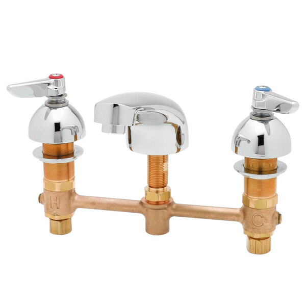 Two T&amp;S brass deck mount faucets with chrome lever handles.